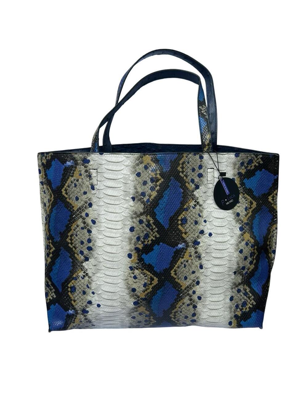 P Luca Milano Snakeskin Print Tote Bag Blue Python Shopper Magnetic Closure
